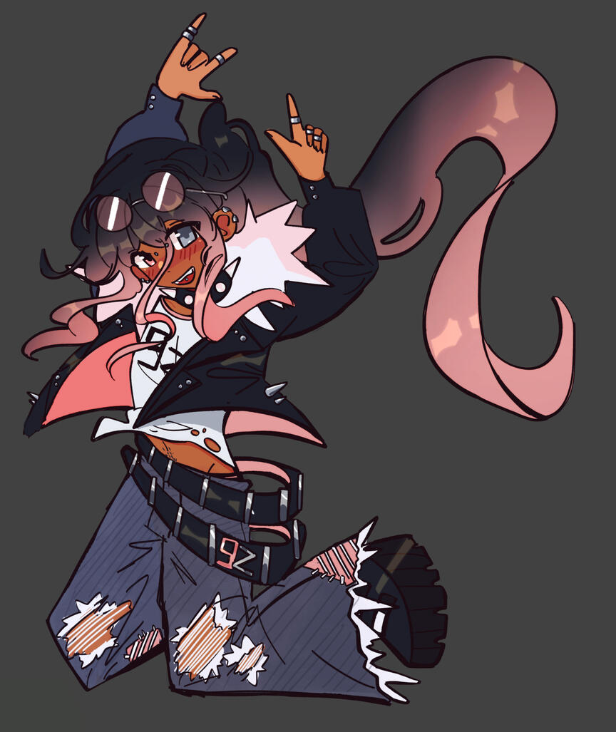 He has dark skin and long black and pink hair in a ponytail. He has one pink eye and one grey eye. He has earrings and facial piercings. He has dark skin and long black and pink hair in a ponytail. He has one pink eye and one grey eye. He has earrings and facial piercings.