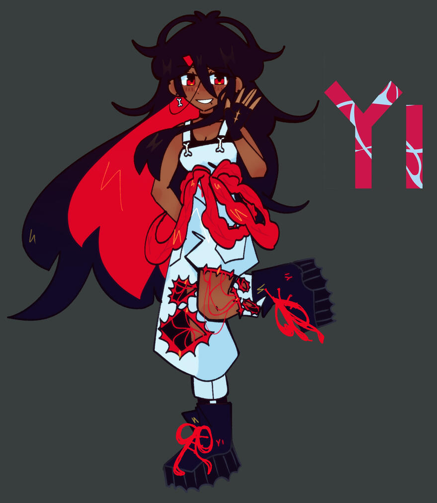 She has dark skin with long black hair, coloured red inside, with black strands in front of her face. She has red eyes. She has piercings on her lip and her ears. She has a bone-shaped earring. She has dark skin with long black hair, coloured red inside, with black strands in front of her face. She has red eyes. She has piercings on her lip and her ears. She has a bone-shaped earring.