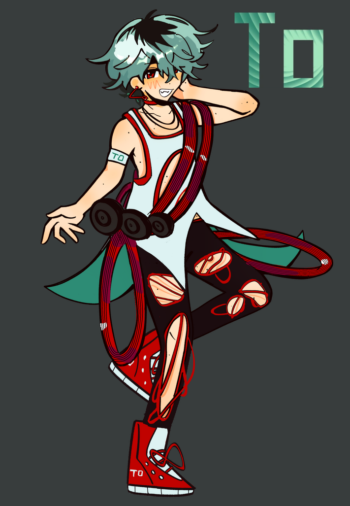 he has messy short seaform hair with black roots. he has pale skin with beauty marks. he has red eyes and wears contact lenses rather than glasses. he has a red earring and microphone. he has a rock-style outfit and reels of red cable around him.