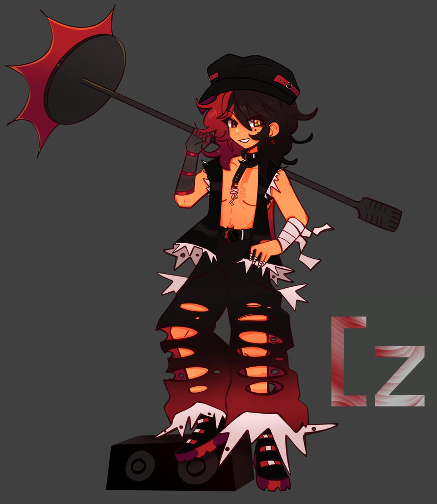 she has shoulder length split dye hair, the left is brown and the right is red. she has light tan skin with two beauty marks under her left eye. she has one yellow eye and one red eye.