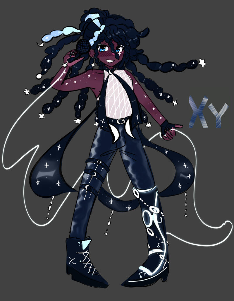 he has long black locs with a light blue streak, his hair is in a bun with white stars. he has cool-toned dark skin with white stars plastered across his face and arms. he has blue eyes. he has a black prosthetic lower left leg, with white cybernetic light he has long black locs with a light blue streak, his hair is in a bun with white stars. he has cool-toned dark skin with white stars plastered across his face and arms. he has blue eyes. he has a black prosthetic lower left leg, with white cybernetic light