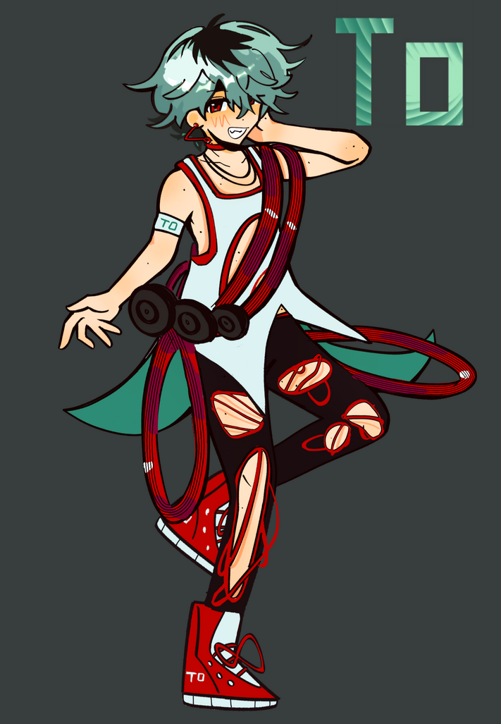 he has messy short seaform hair with black roots. he has pale skin with beauty marks. he has red eyes and wears contact lenses rather than glasses. he has a red earring and microphone. he has a rock-style outfit and reels of red cable around him.