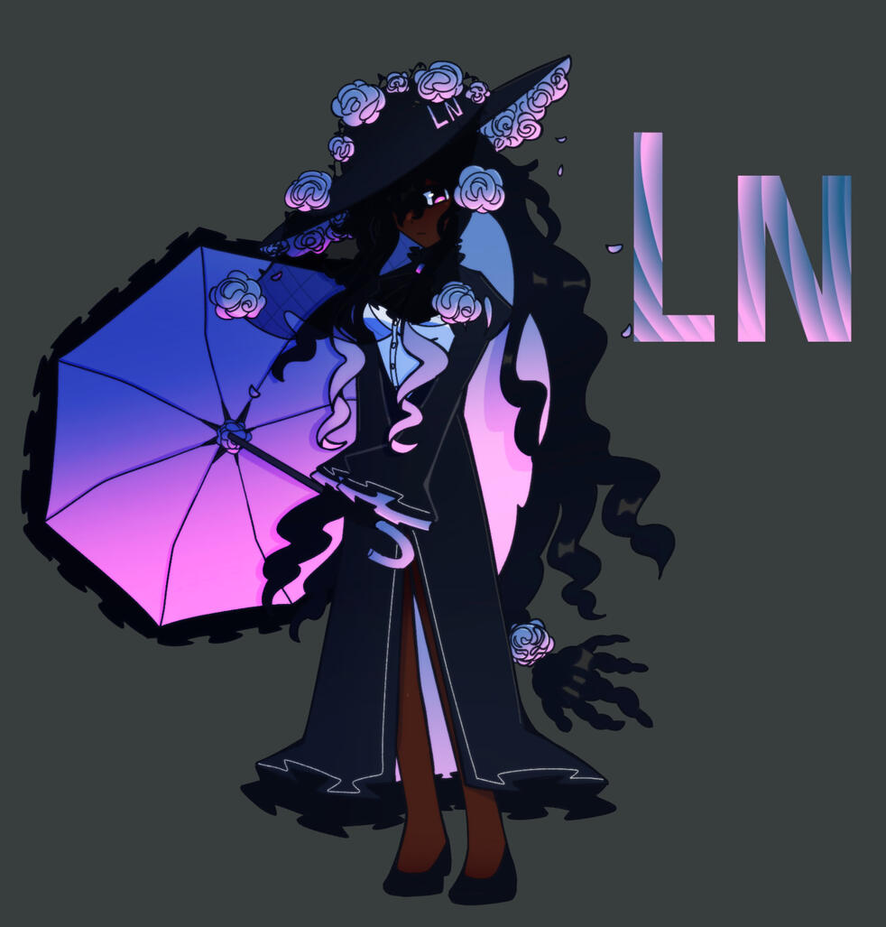 she has long curly black hair, with a blue/pink gradient along the inner layer. she has dark skin. she has pink eyes. she has black, blue and pink funeral themed attire.