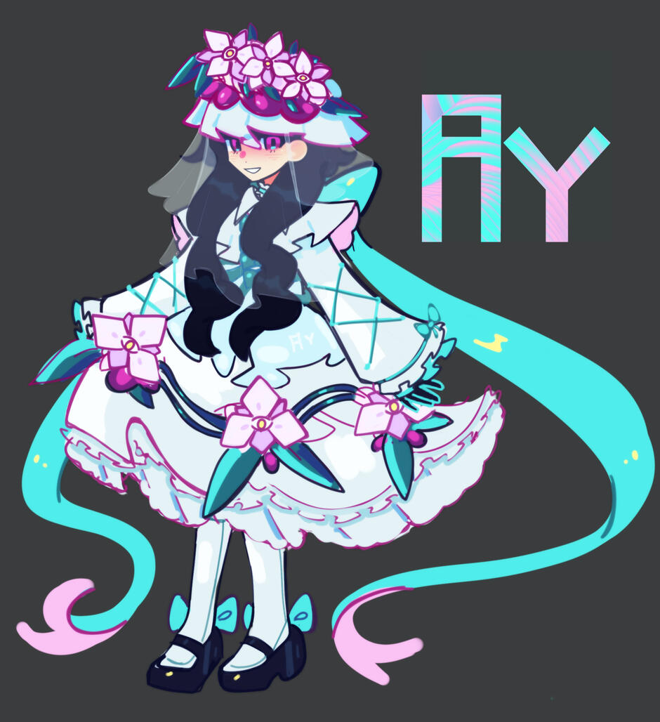 she has long black hair coming over the fronts of her shoulders, and pale skin. she has dark magenta eyes. she dresses in pink, white and cyan lolita fashion, with iris flowers and eye motifs.