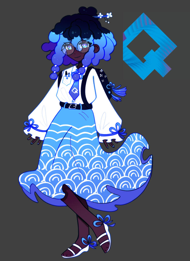 she has shoulder length textured hair, its black at the roots and goes into a blue gradient. secured in a bun held by flower hair pins, she has bubble braids at the front. she has cold toned dark skin. she has blue eyes and wears circular glasses she has shoulder length textured hair, its black at the roots and goes into a blue gradient. secured in a bun held by flower hair pins, she has thick bubble braids at the front. she has cold toned dark skin. she has blue eyes and wears circular glasses