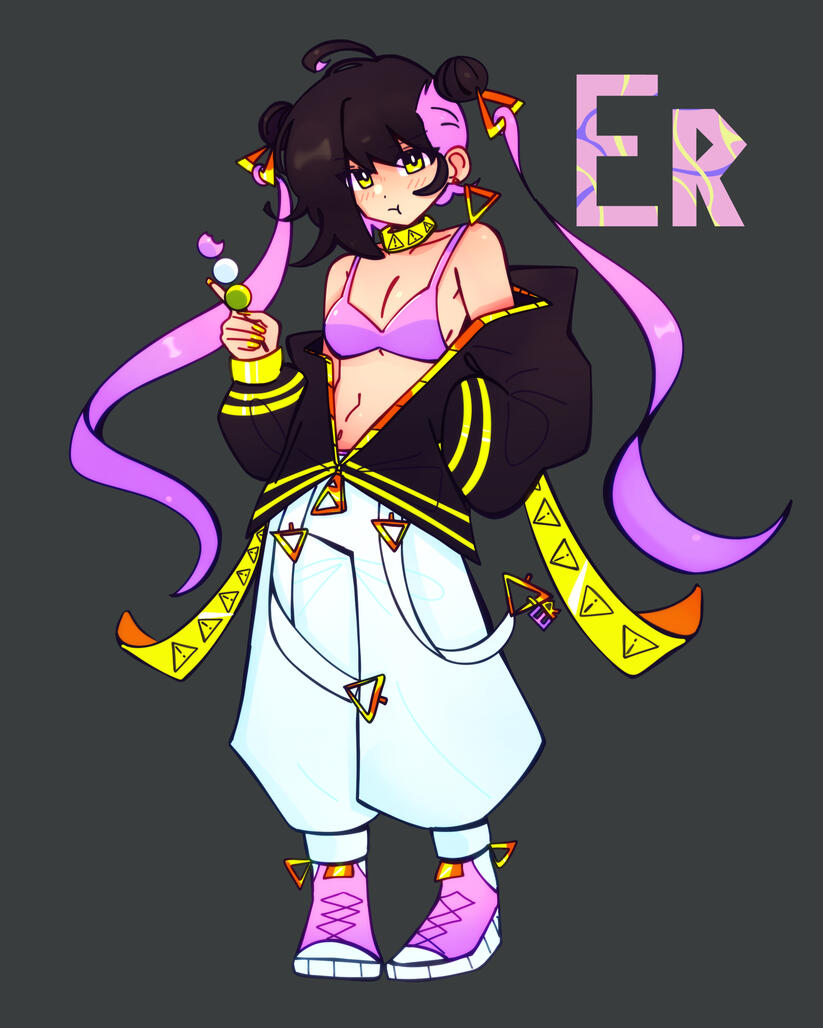 she has short dark brown and pink hair in small round buns. attached to the buns is golden metal triangle hair clips with long pigtail hair extensions, with a pink to purple gradient. she has pale skin. she has yellow eyes.