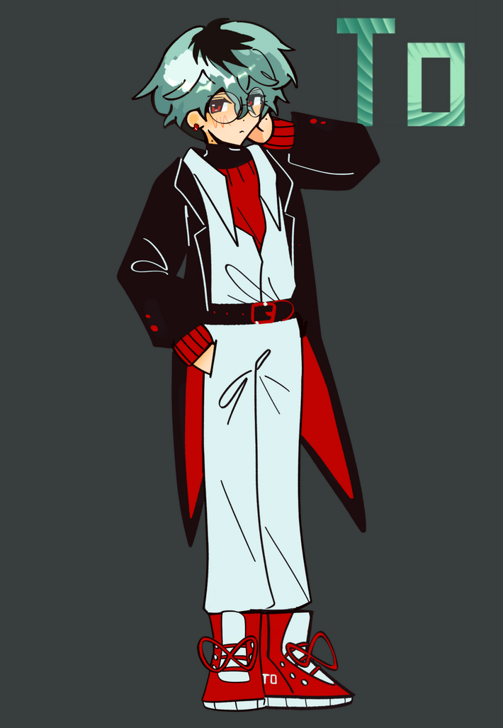 he has tidy short seaform hair with black roots. he has pale skin with beauty marks. he has red eyes and wears circular glasses. he has a red earring. he has a smart-looking red, white and black outfit. he has tidy short seaform hair with black roots. he has pale skin with beauty marks. he has red eyes and wears circular glasses. he has a red earring. he has a smart-looking red, white and black outfit.