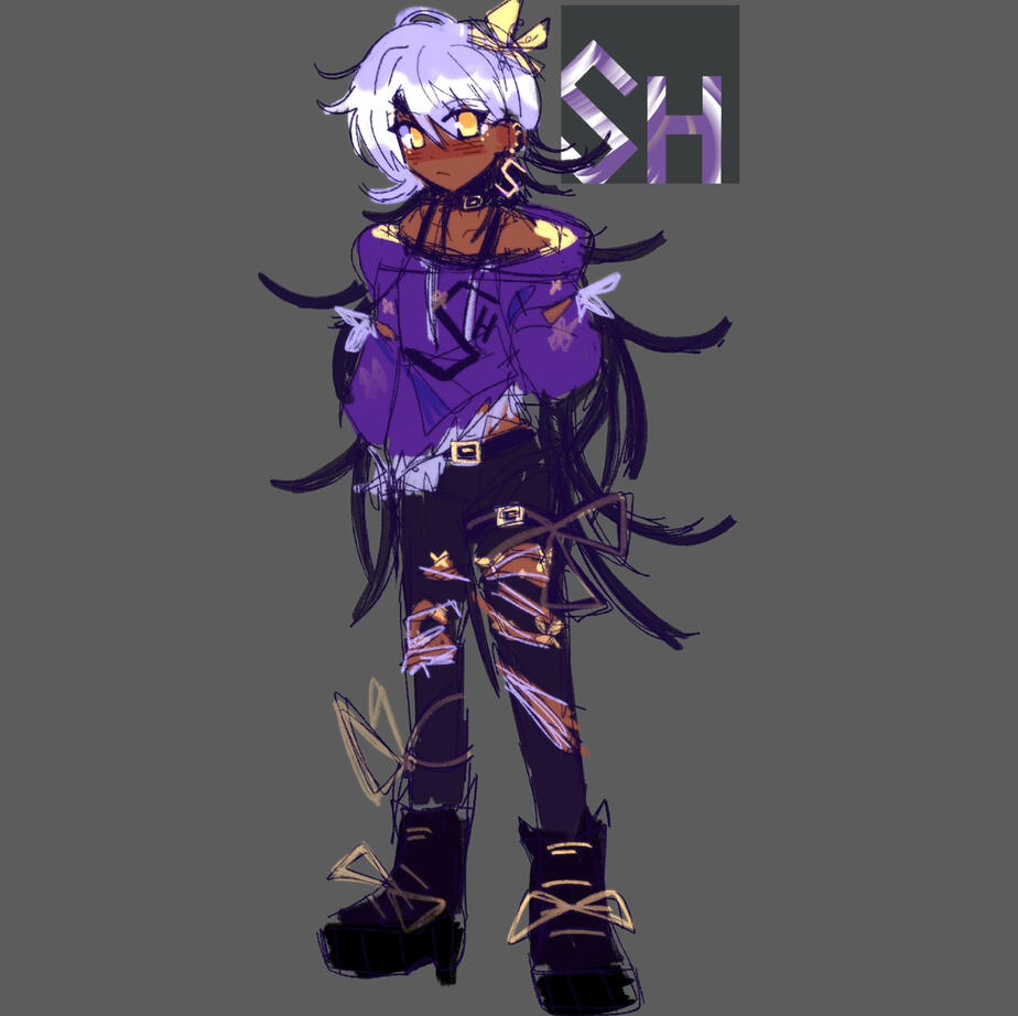 She has dark skin and long white and black hair. Her hair is white above the shoulders and black and long further down. She has yellow eyes. She has a yellow butterfly accessory on her head. She has multiple piercings on her face and ears.