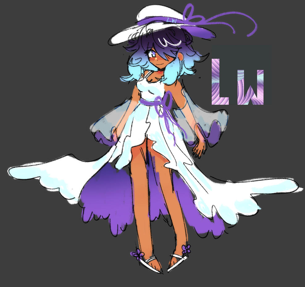 She has tan skin and dark purple and light blue hair. Her hair is purple on top and fades into light blue at the ends. She has light blue and purple eyes. She has a white sun hat with a purple ribbon around it, and a light blue L W on the ribbon. She has tan skin and dark purple and light blue hair. Her hair is purple on top and fades into light blue at the ends. She has light blue and purple eyes. She has a white sun hat with a purple ribbon around it, and a light blue "L W" on the ribbon.