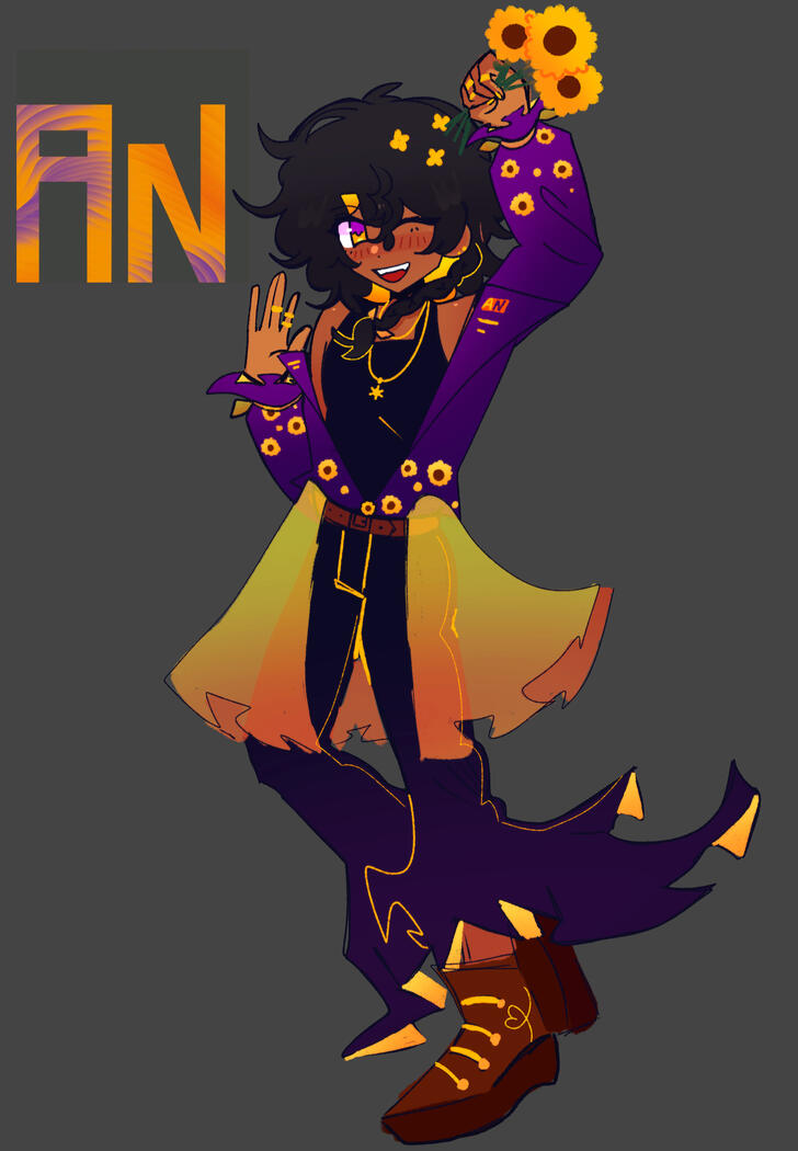 He has dark skin and shoulder length black hair. He has an orange-yellow colour on the inner layer of his hair. He has yellow and purple eyes. He has ear piercings. He has various yellow flower and sun accessories. He has dark skin and shoulder length black hair. He has an orange-yellow colour on the inner layer of his hair. He has yellow and purple eyes. He has ear piercings. He has various yellow flower and sun accessories.